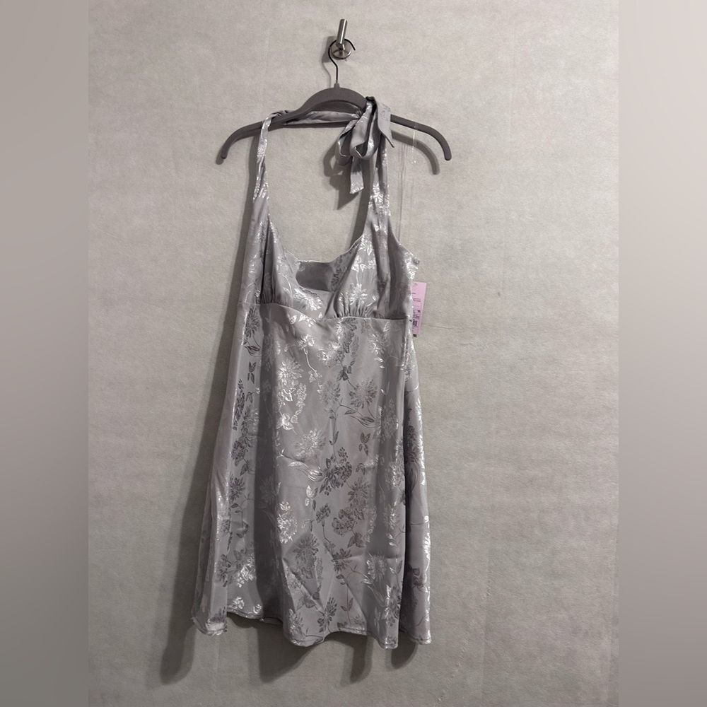 Wild Fable Satin Jacquard Halter Mini Large fairy prom silver cocktail dress NWT - Picture 2 of 8